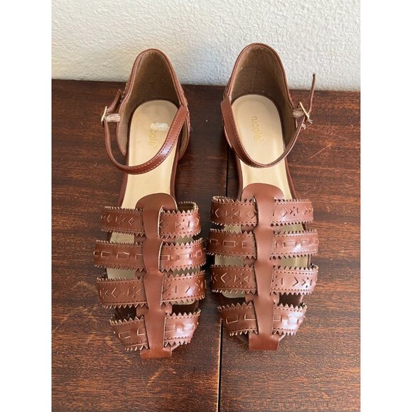 Nicole Flat Sandals Womens Size 8.5M Brown Cutout Leather Jellyfish Ankle Straps - Picture 4 of 9
